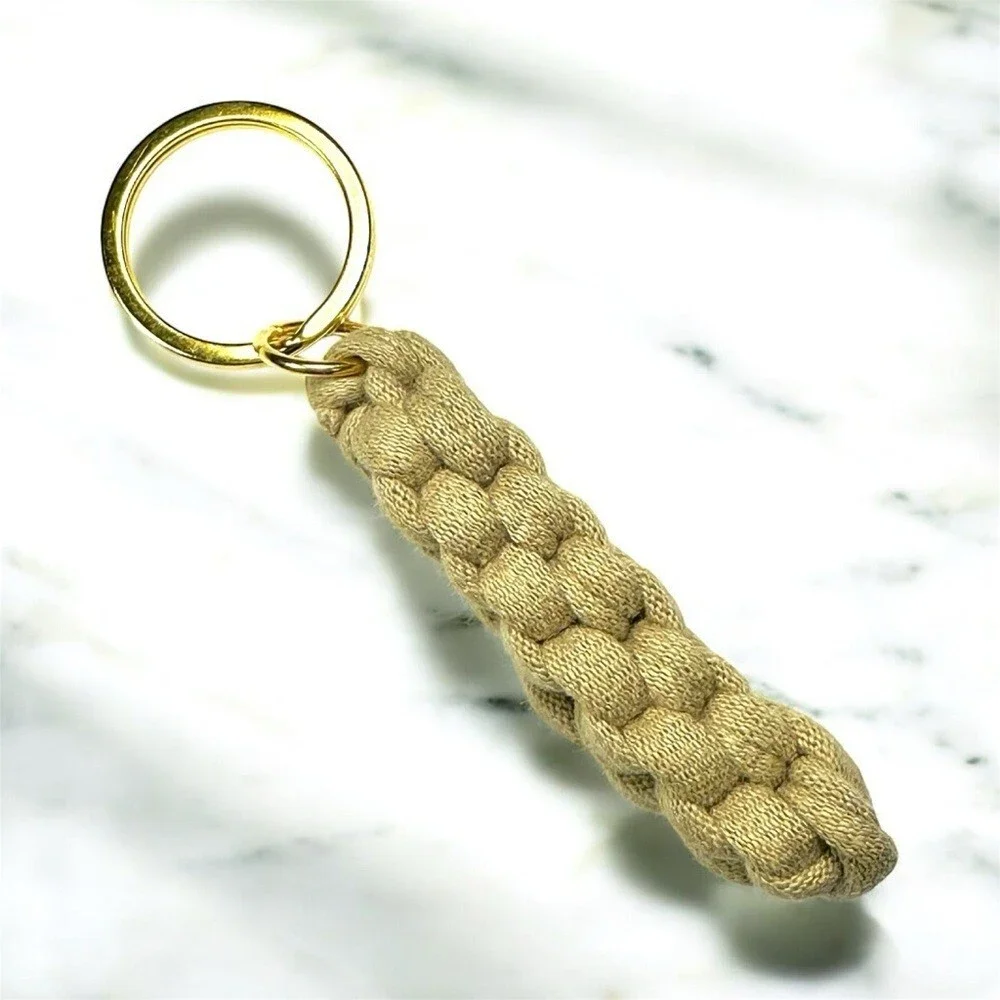 Tan Box Knot Keychain Gold Ring Braided T-Shirt Yarn Macrame Nautical Lanyard